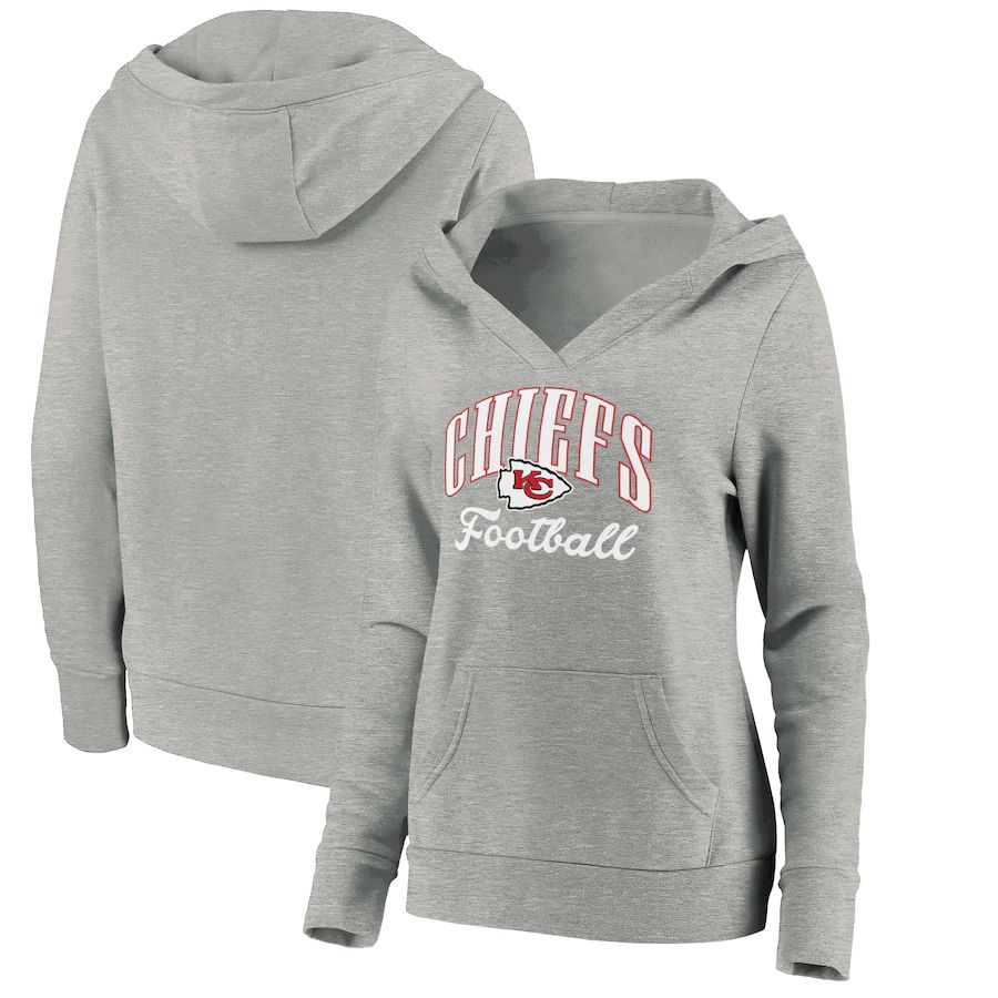 Women Kansas City Chiefs Fanatics Branded Heathered Gray Victory Script V-Neck Pullover Hoodie->women nfl jersey->Women Jersey